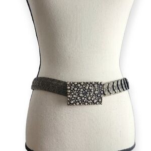 Vintage 80s Antique Goldtone Metal Links Rhinestone Studded Buckle Stretch Belt